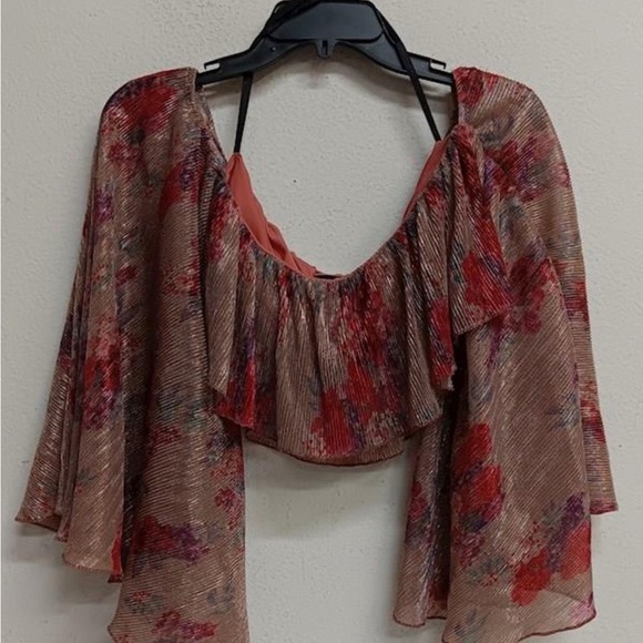 Michael Costello x Revolve Pink and Orange Smocked Ruffled Crop Boho Top - Picture 4 of 6